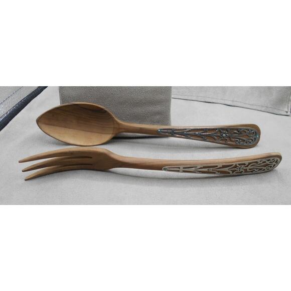 Wooden Salad Serving Fork and Spoon Set with Silver Embellishments Vintage MCM - Picture 5 of 7